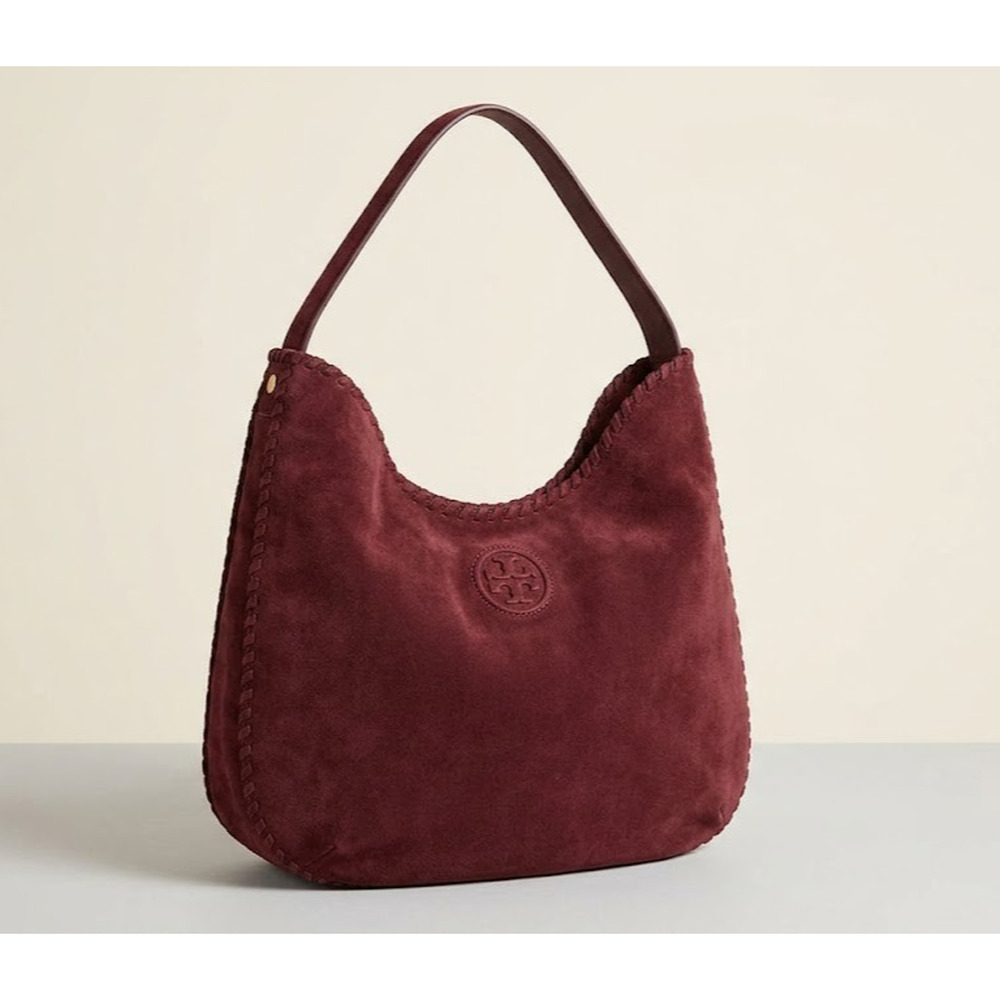 Tory Burch Marion Hobo Souchy Tote Suede Maroon Bag
